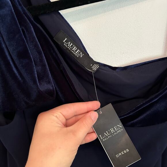 Ralph Lauren Black Label Chiffon Velvet One Shoulder Dress Navy Size 4 - Picture 8 of 9